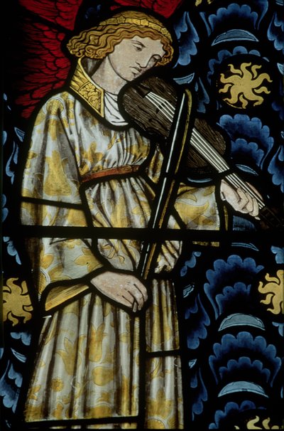 Engel mit Geige, Buntglasfenster entworfen von William Morris (1834-96), 1869 von Unbekannt Unbekannt